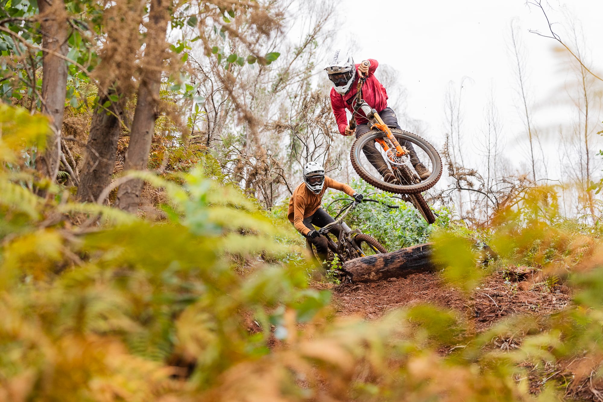 Rider jumping over a teammate on a fern-lined forest trail